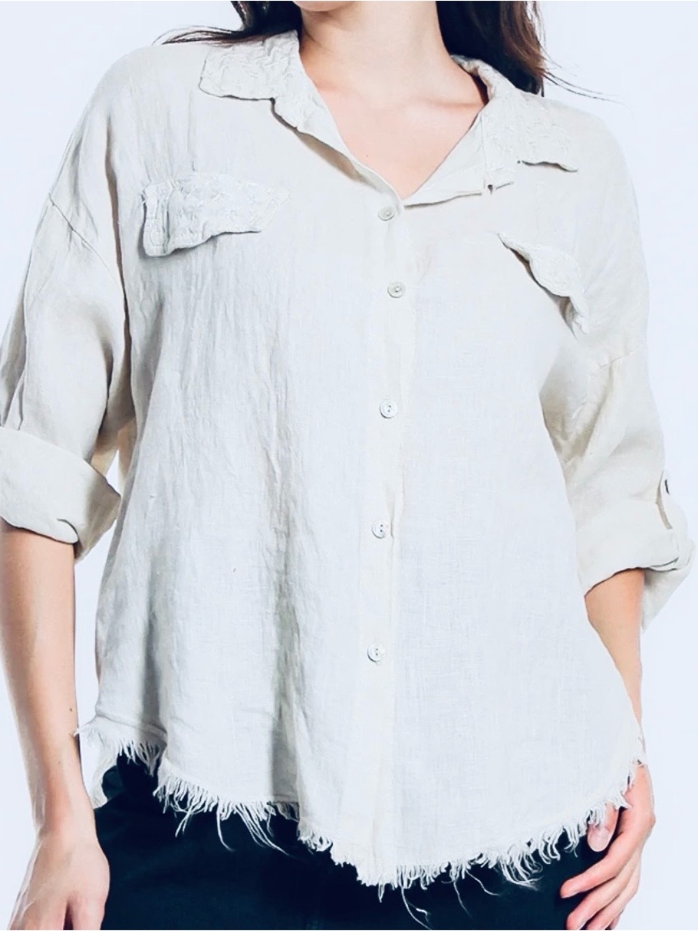 Relaxed Frayed Hem Button-Down Shirt in White